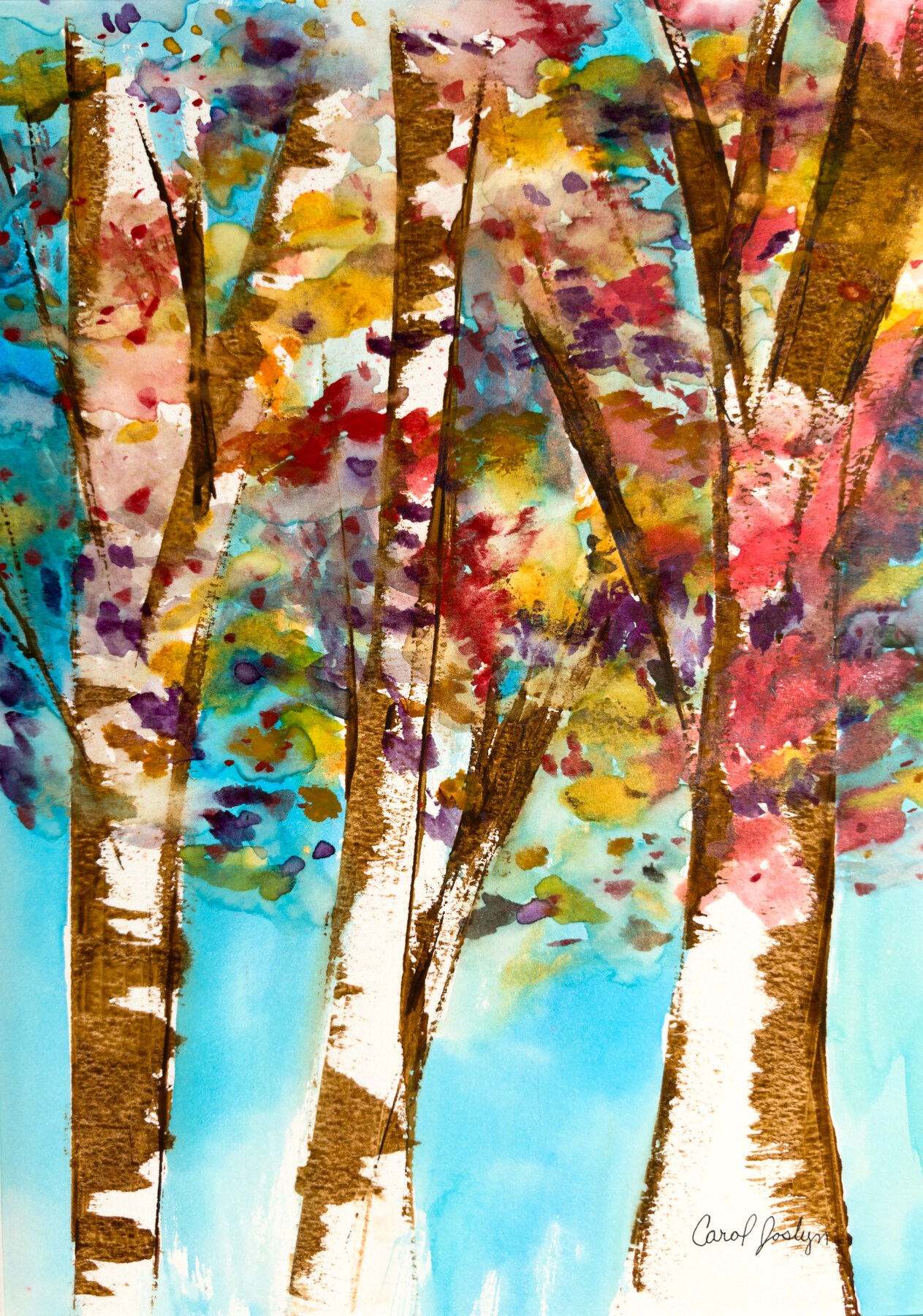 Slender birch trunks rise through bright autumn foliage in turquoise, gold, red and pink.