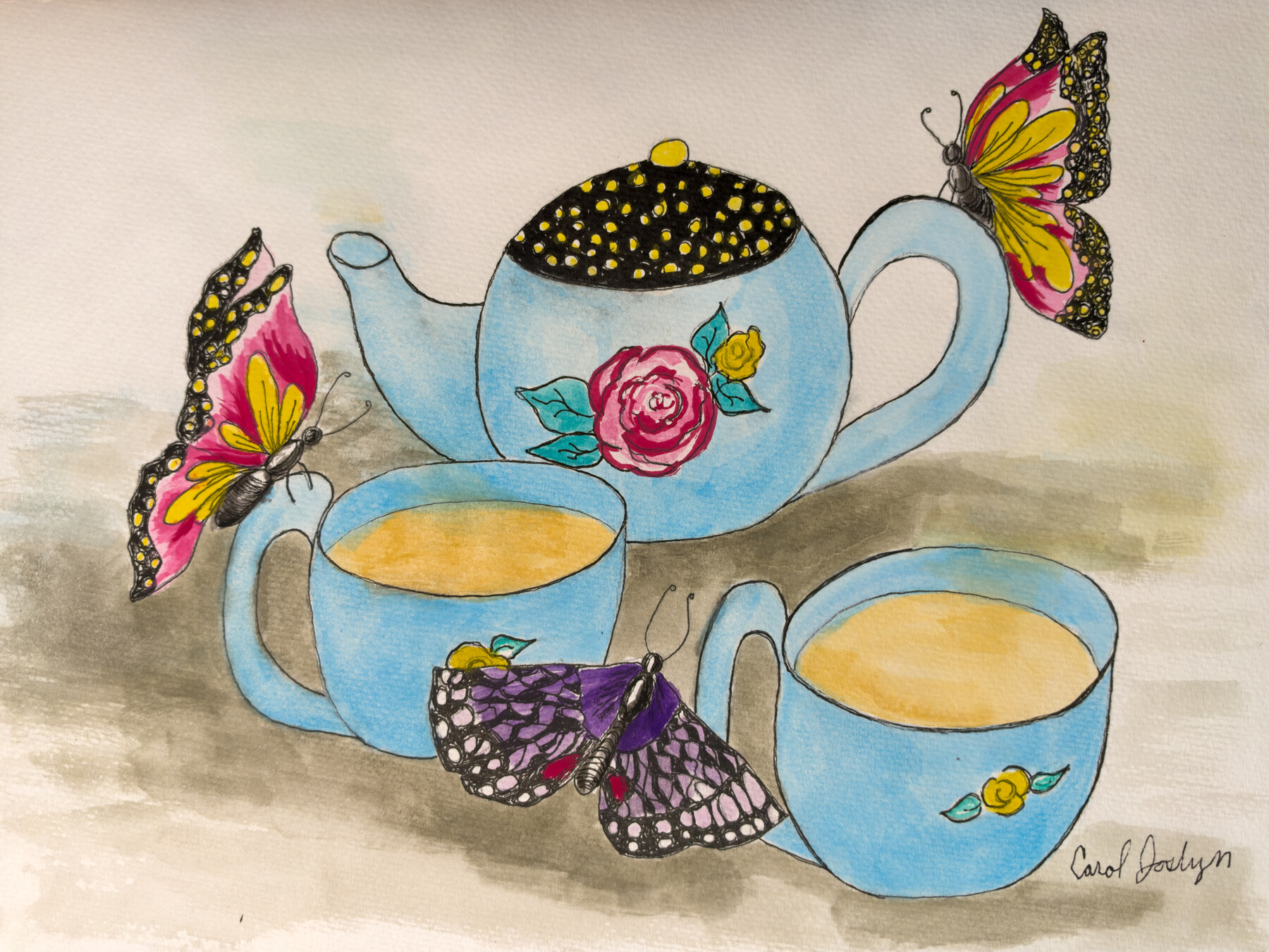 Colorful butterflies gather around a blue floral teapot and two cups of tea.
