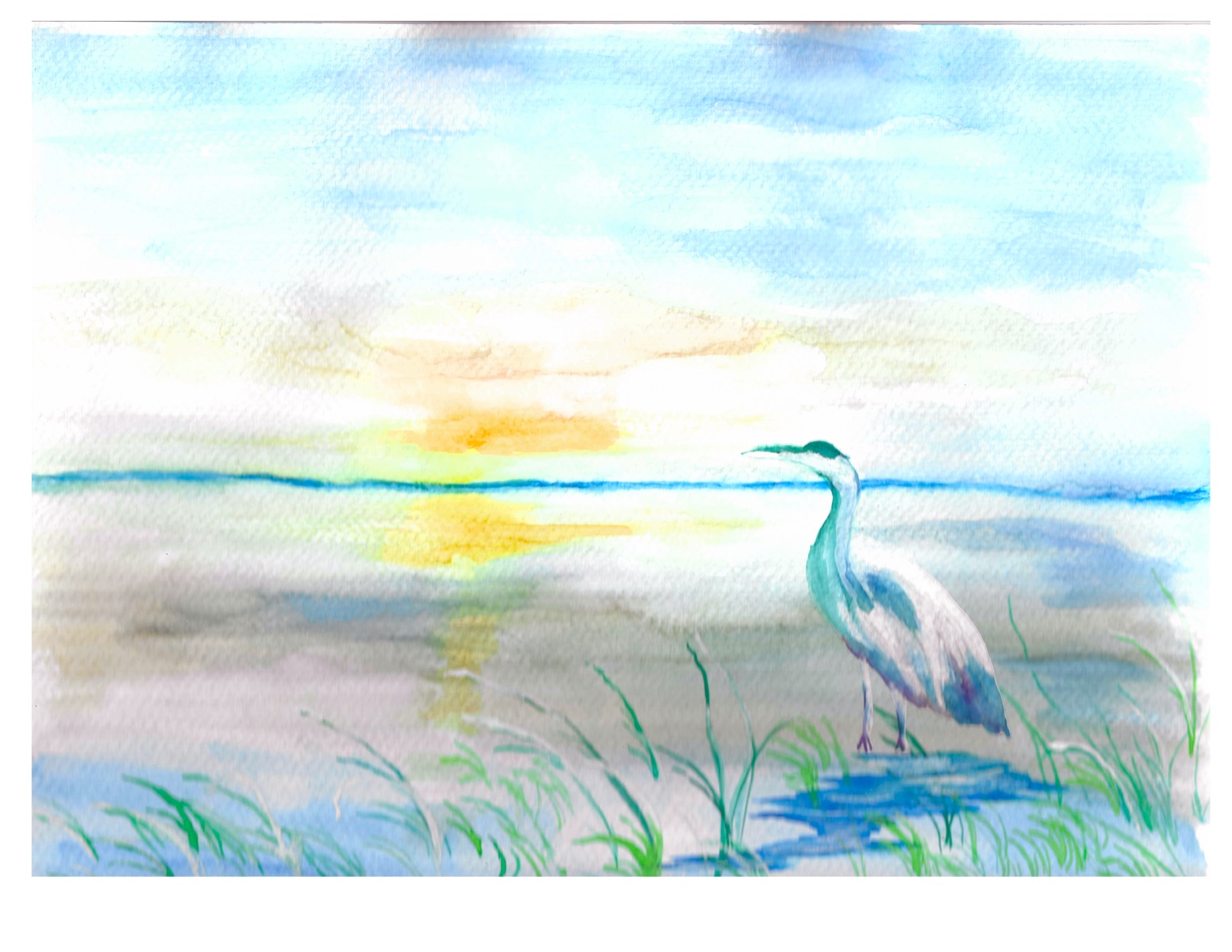 An egret beside still water with sunlight on the horizon, painted in watercolor by Carol.