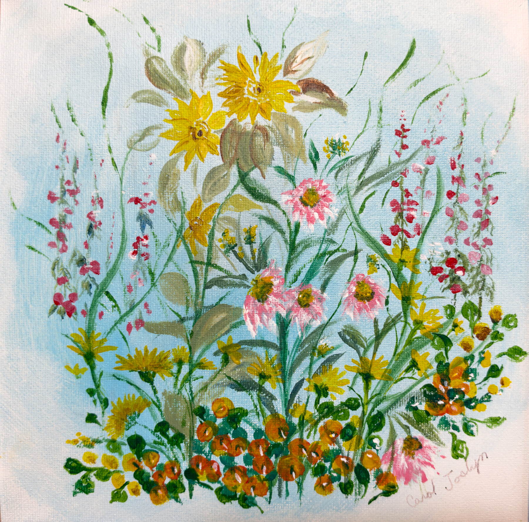 Yellow, pink and orange flowers with green stems and leaves against a pale blue background.