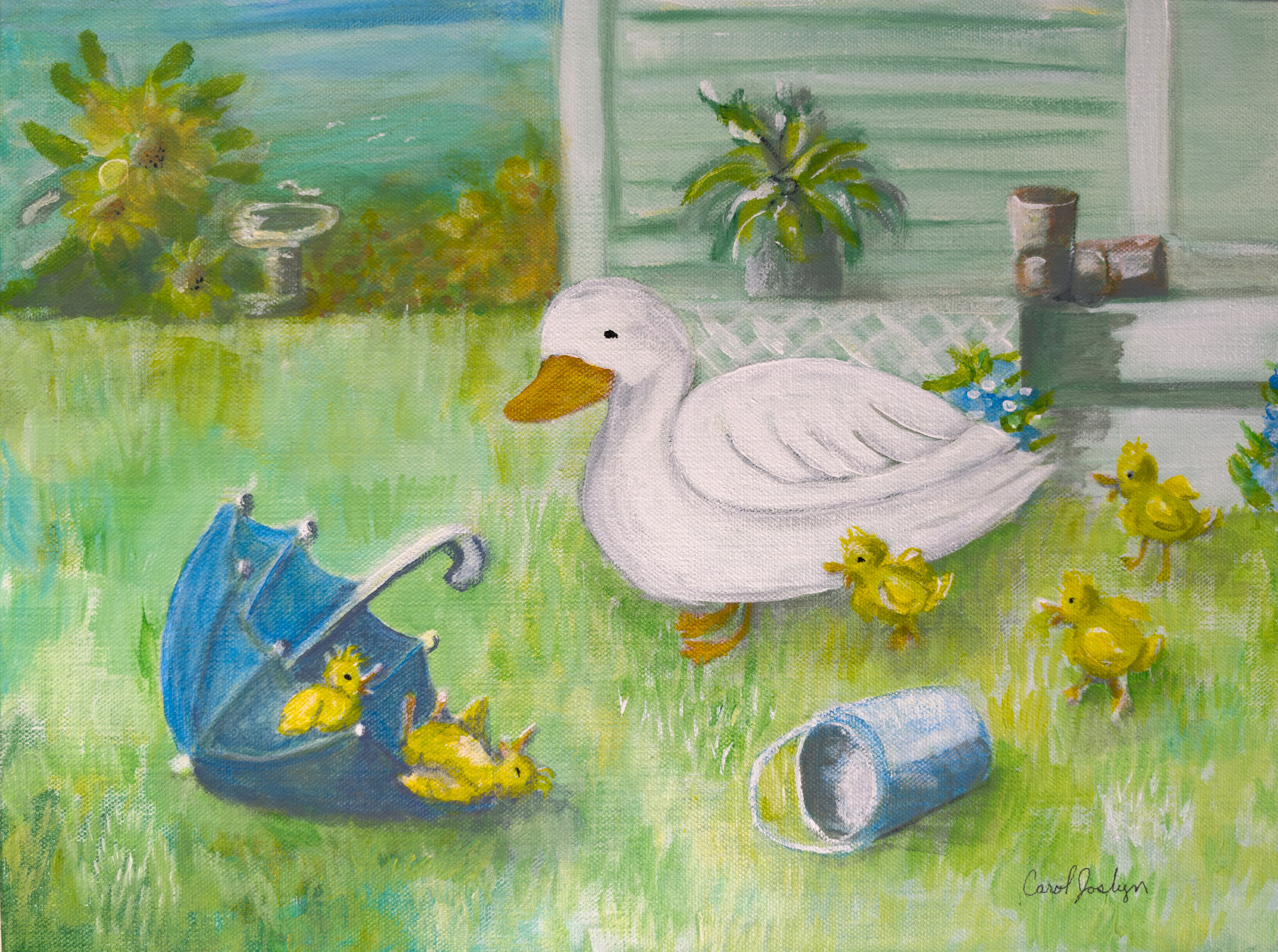 A white mother duck watches yellow ducklings playing beside an umbrella and a tipped pail in a garden.
