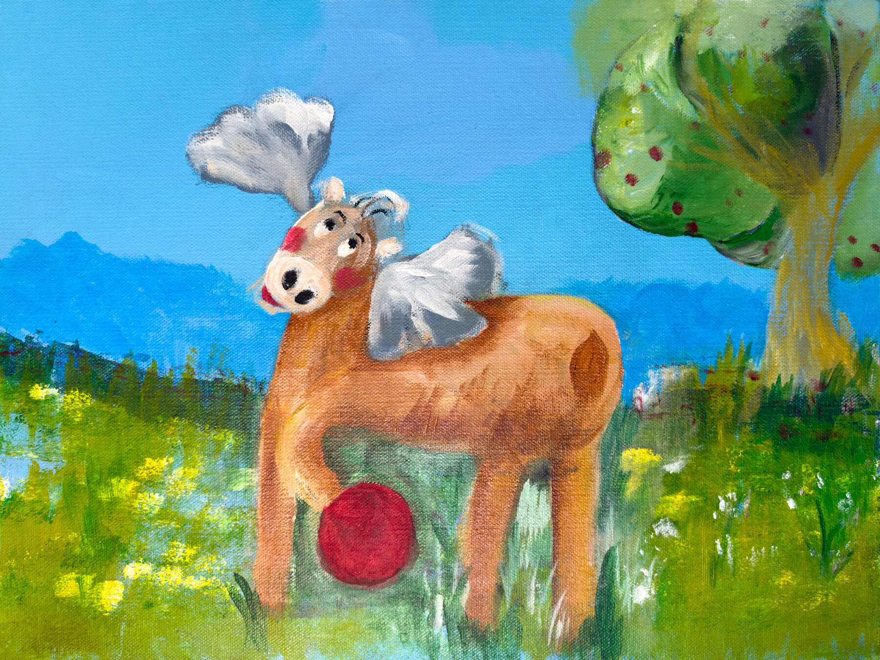 A smiling moose stands beside a red ball in a flower-filled meadow, with a tree to one side.